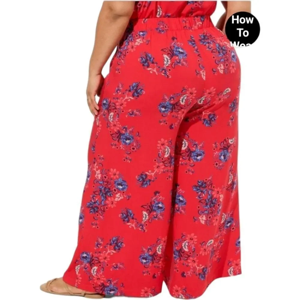 TORRID Red Floral challis button down crop top with  pull on pant set NWT
